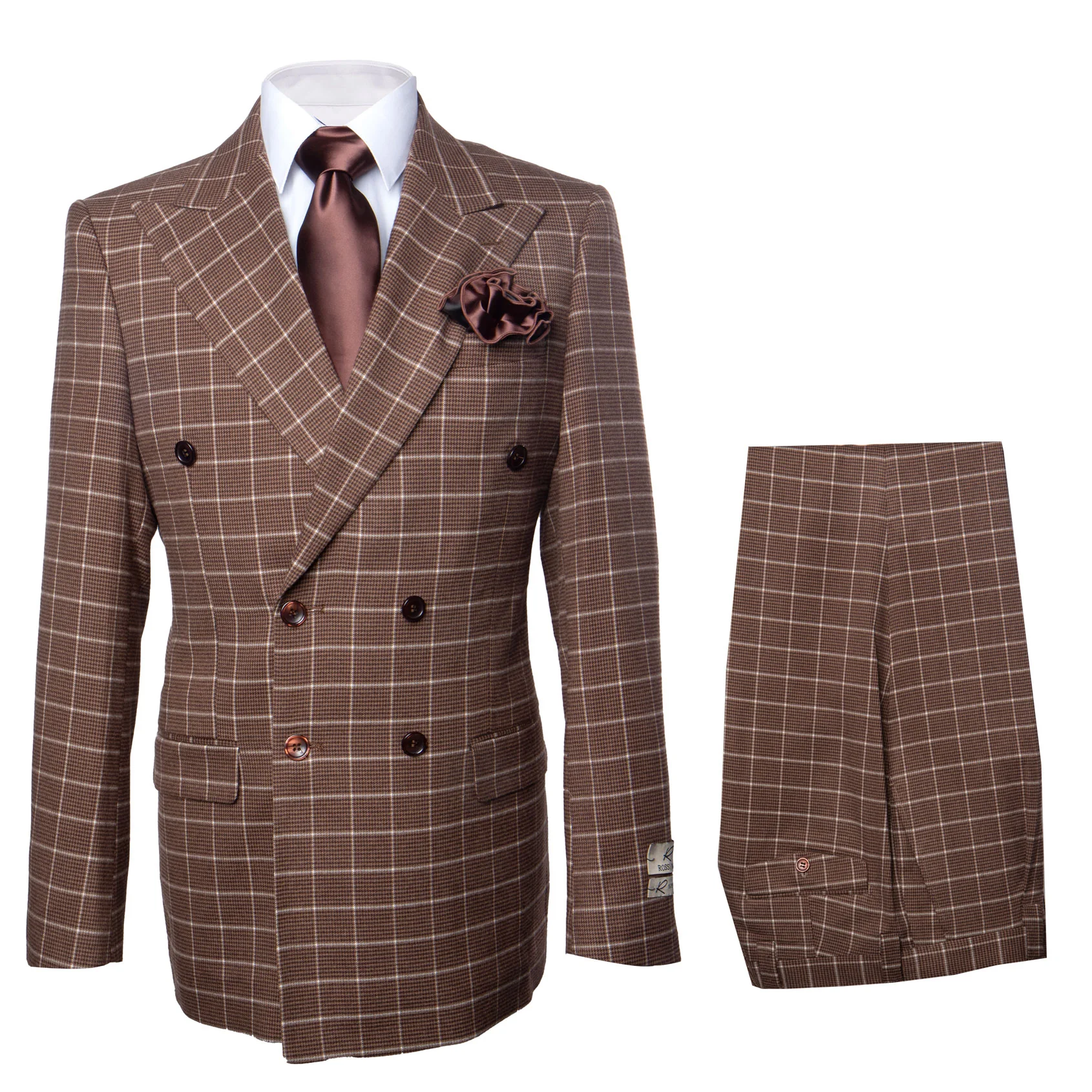 Suits With Baggy Pleated Pants - Wide Leg Pants 100% Wool - Classic Fit in Brown Plaid Color by Rossiman 9   - from alligatorwarehouse.com