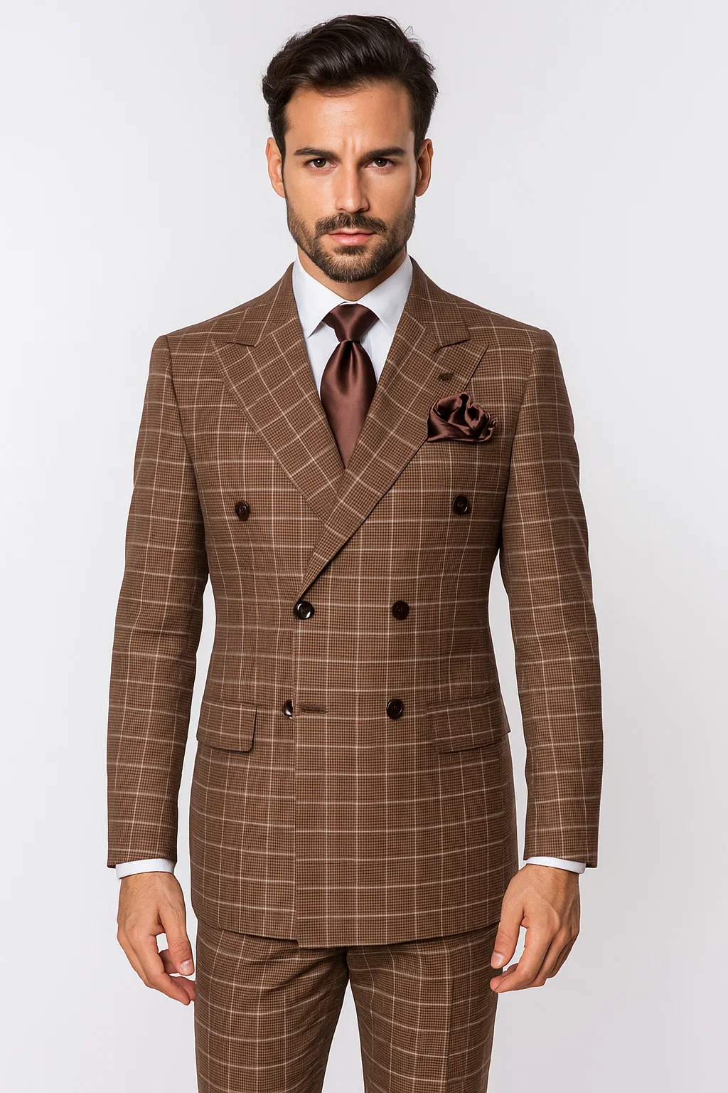 Suits With Baggy Pleated Pants - Wide Leg Pants 100% Wool - Classic Fit in Brown Plaid Color by Rossiman 1   - from alligatorwarehouse.com