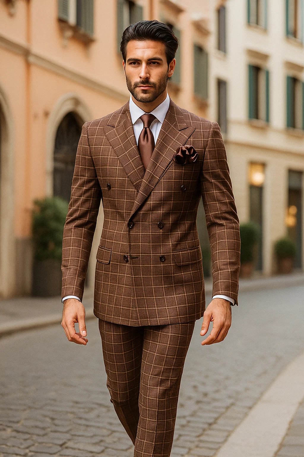 Suits With Baggy Pleated Pants - Wide Leg Pants 100% Wool - Classic Fit in Brown Plaid Color by Rossiman 8   - from alligatorwarehouse.com