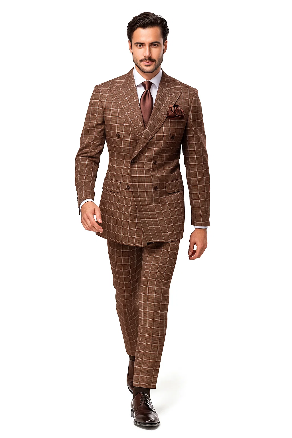Suits With Baggy Pleated Pants - Wide Leg Pants 100% Wool - Classic Fit in Brown Plaid Color by Rossiman 5   - from alligatorwarehouse.com