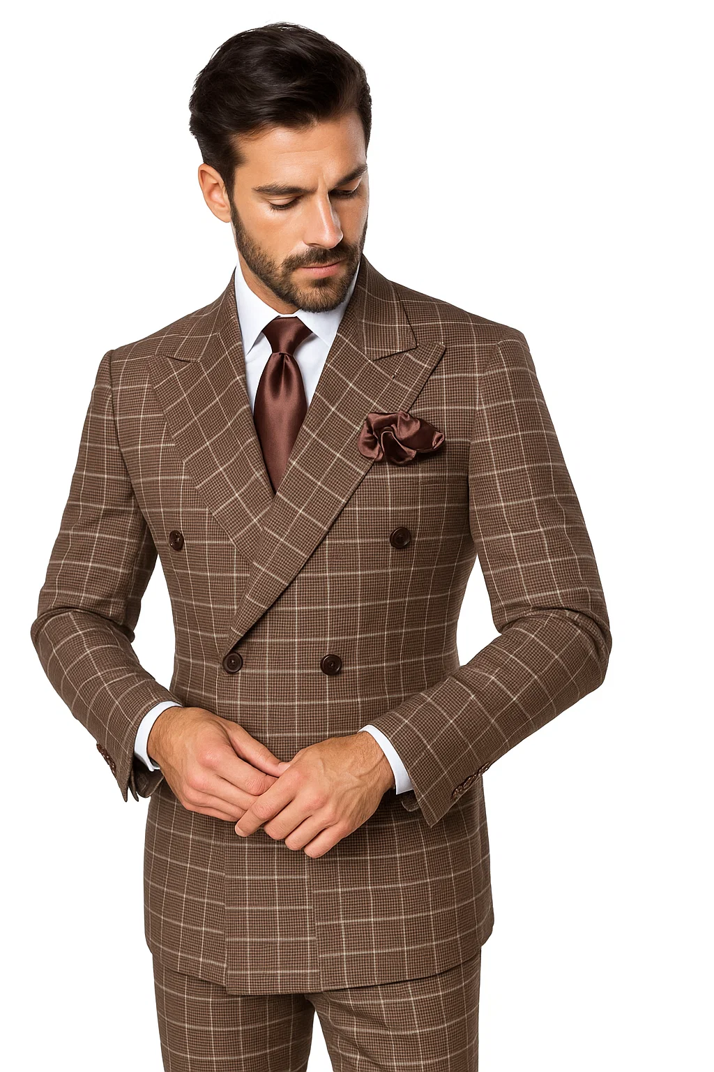 Suits With Baggy Pleated Pants - Wide Leg Pants 100% Wool - Classic Fit in Brown Plaid Color by Rossiman 4   - from alligatorwarehouse.com