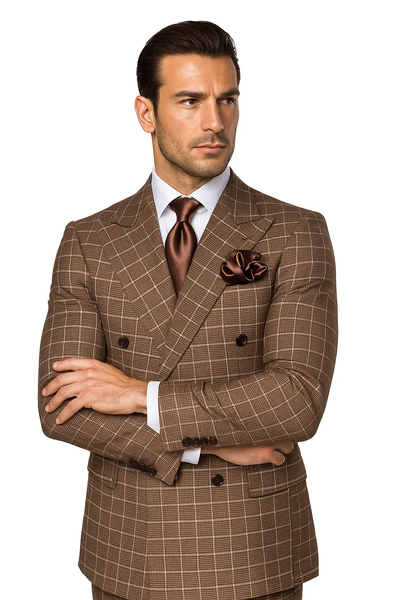 Suits With Baggy Pleated Pants - Wide Leg Pants 100% Wool - Classic Fit in Brown Plaid Color by Rossiman 3   - from alligatorwarehouse.com