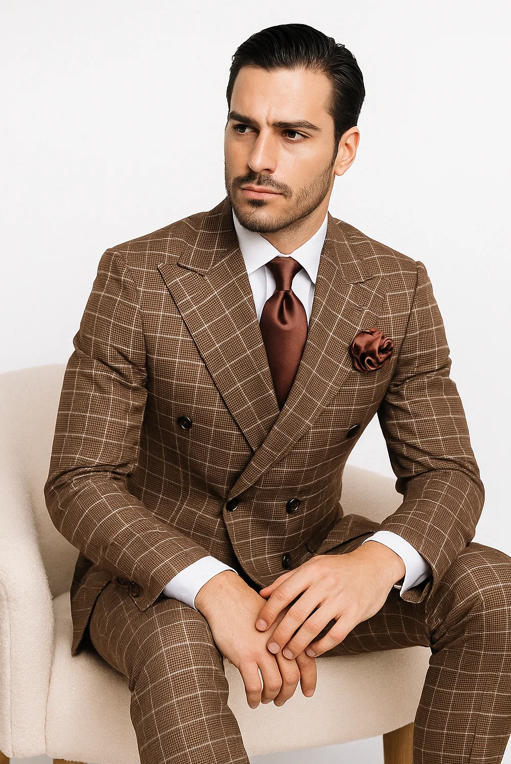 Suits With Baggy Pleated Pants - Wide Leg Pants 100% Wool - Classic Fit in Brown Plaid Color by Rossiman 2   - from alligatorwarehouse.com