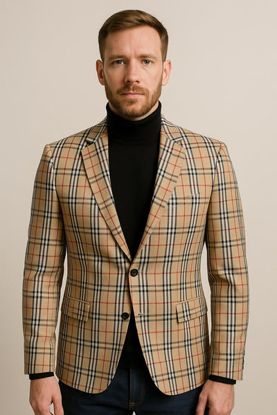 Classic Beige Checkered Blazer – Tan Plaid Sport Coat - Camel Windowpane Pattern 1   - from alligatorwarehouse.com