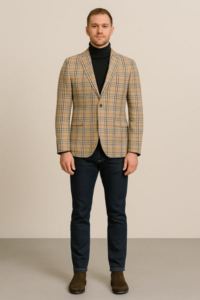 Classic Beige Checkered Blazer – Tan Plaid Sport Coat - Camel Windowpane Pattern 4   - from alligatorwarehouse.com