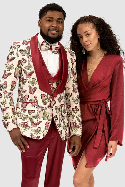 Classic EJ Samuel Beige & Burgundy Butterfly Vested Tuxedo Wedding Menswear 1 M2757-Burgundy-40-Long  - from alligatorwarehouse.com