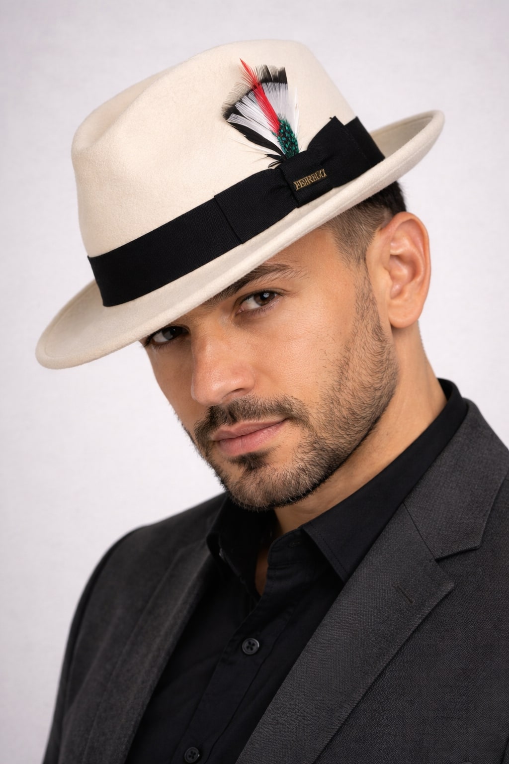 Gangster 100% Australian Wool Crushable Mens Fedora Hat - Removable Feather Gangster White/Black Mens Fedora Hat