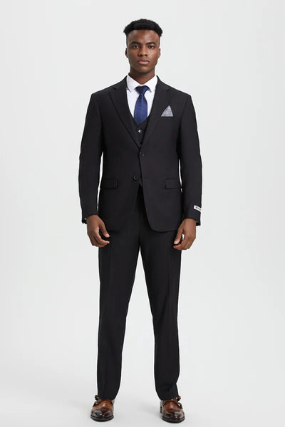 Men's Two Button Vested Stacy Adams Designer Basic Suit In Black 6 1K-4516  - from alligatorwarehouse.com