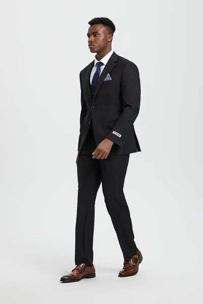 Men's Two Button Vested Stacy Adams Designer Basic Suit In Black 3 1K-4516  - from alligatorwarehouse.com
