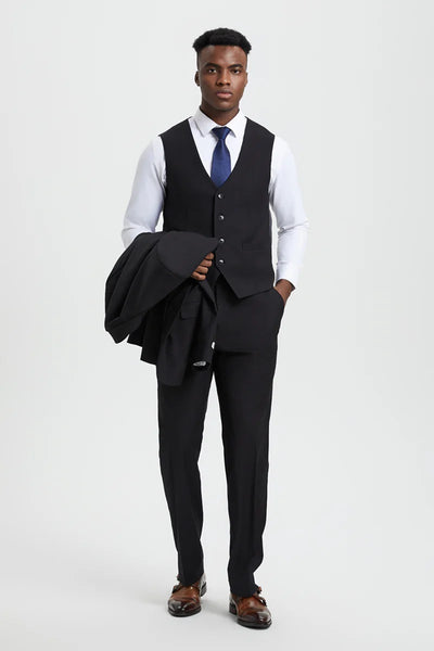 Men's Two Button Vested Stacy Adams Designer Basic Suit In Black 4 1K-4516  - from alligatorwarehouse.com