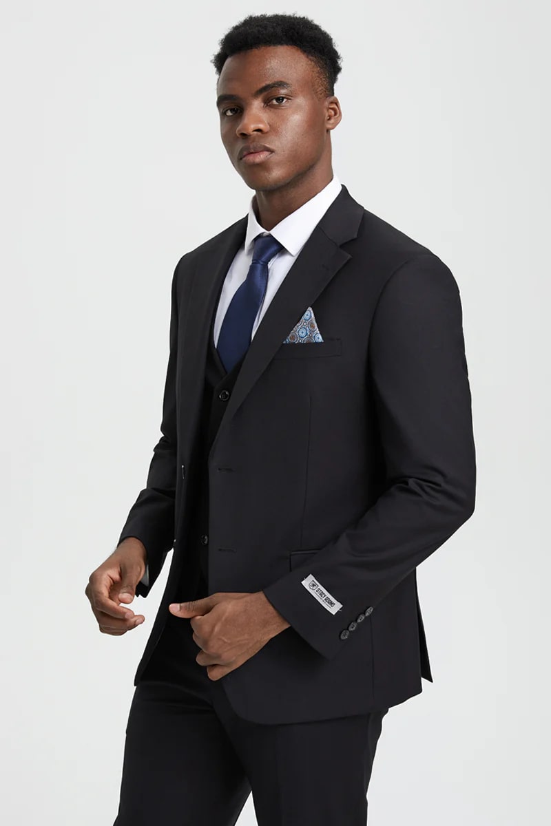 Men's Two Button Vested Stacy Adams Designer Basic Suit In Black