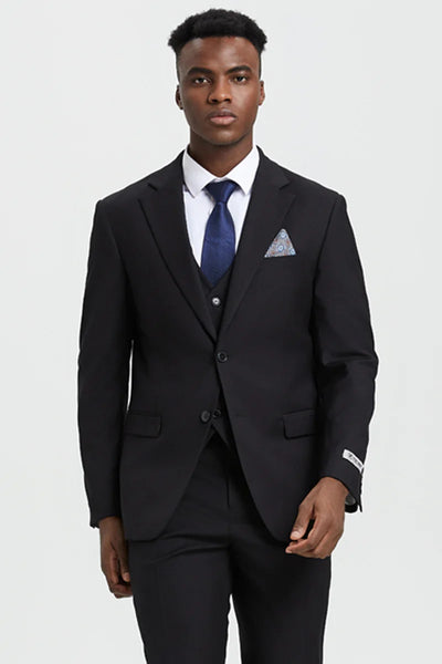Men's Two Button Vested Stacy Adams Designer Basic Suit In Black 1 1K-4516  - from alligatorwarehouse.com