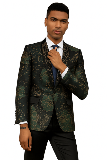 Men's Stacy Adam's Designer Prom & Wedding Tuxedo Jacket In Green & Gold Floral Paisley