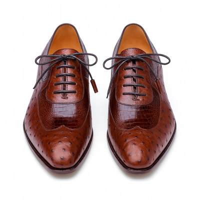 Mens Mezlan Getty Ostrich Wingtip Dress Shoe in Cognac 6   - from alligatorwarehouse.com