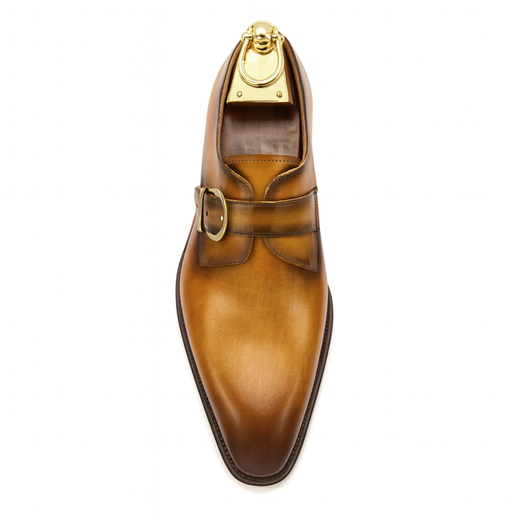 Mens Carrucci Classic Leather Fade Single D-Buckle Monk Strap Dress Shoe in Chestnut