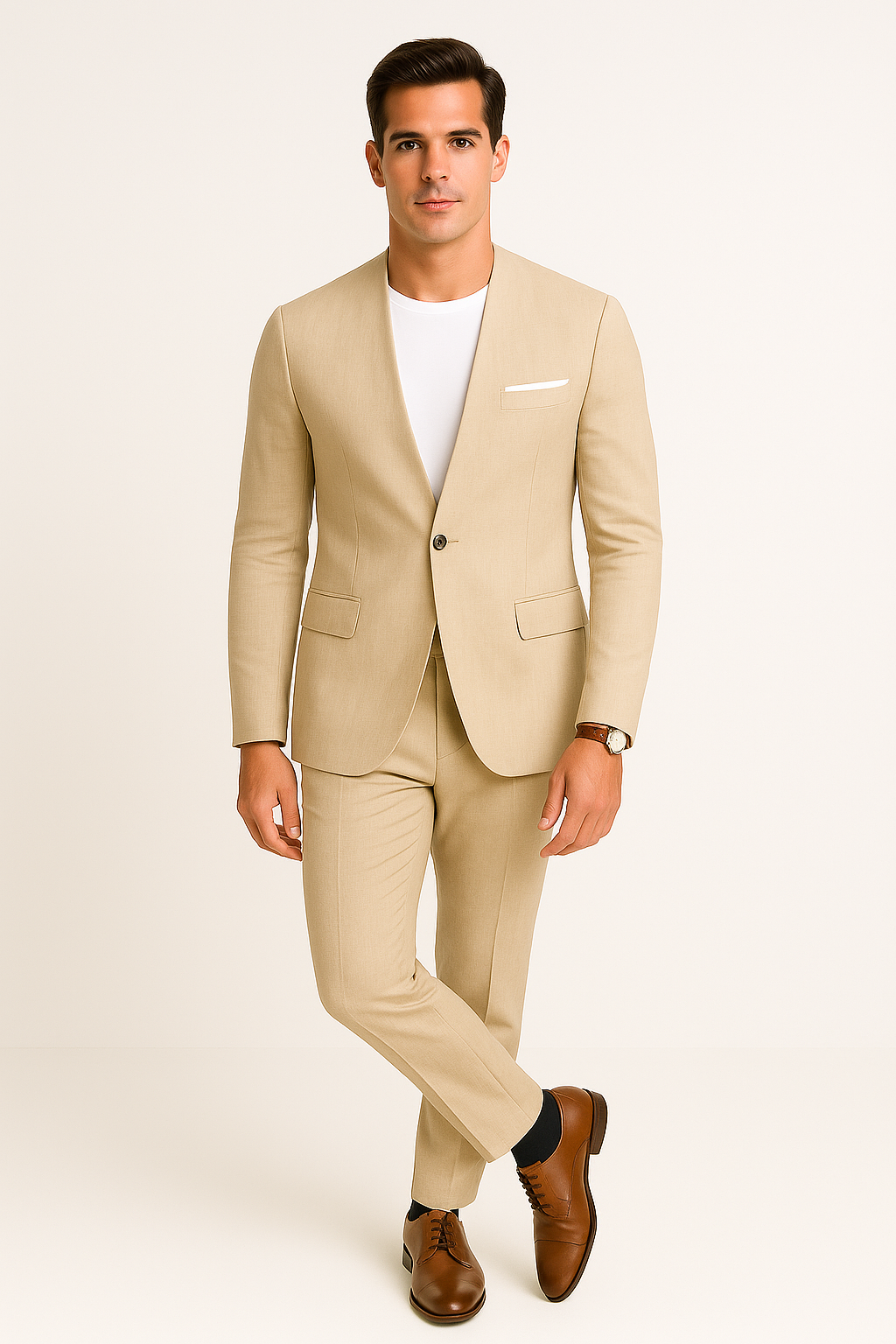 Tan Linen Suit For Summer - Collarless Blazer and Pants Collarless Lapel - No Lapel Casual! 5   - from alligatorwarehouse.com