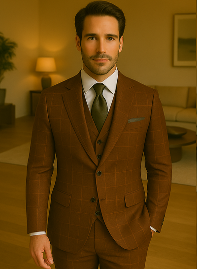 Wool Suit - Italian Made Business Suit by Statement Men's 3 Piece 100% Wool Modern Fit Suit - V-Neck Double Breasted Vest 12 MONTESUIT_Brown_38R  - from alligatorwarehouse.com