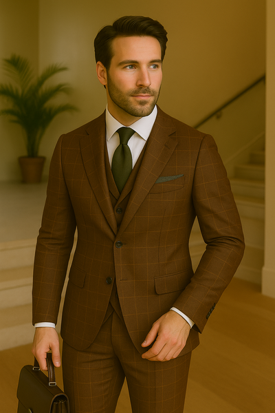 Wool Suit - Italian Made Business Suit by Statement Men's 3 Piece 100% Wool Modern Fit Suit - V-Neck Double Breasted Vest 14 MONTESUIT_Brown_38R  - from alligatorwarehouse.com