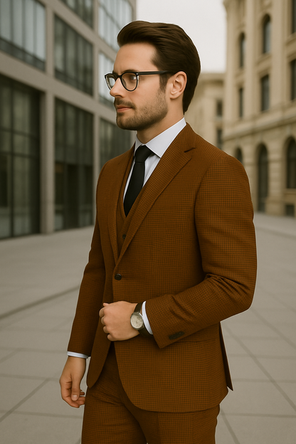 Wool Suit - Italian Made Business Suit by Statement Men's 3 Piece 100% Wool Modern Fit Suit - Micro Checker Pattern