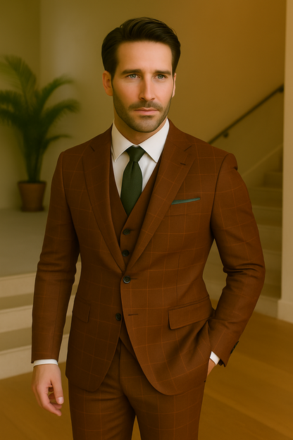 Wool Suit - Italian Made Business Suit by Statement Men's 3 Piece 100% Wool Modern Fit Suit - V-Neck Double Breasted Vest