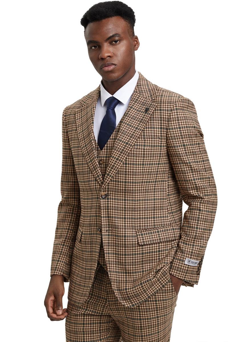Men's Stacy Adams Vested Modern Fit Houndstooth Glen Plaid Suit in Camel & Green