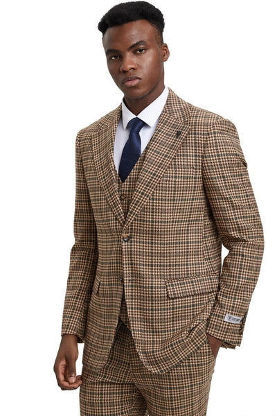 Men's Stacy Adams Vested Modern Fit Houndstooth Glen Plaid Suit in Camel & Green 1 SM162H1-01-38R  - from alligatorwarehouse.com