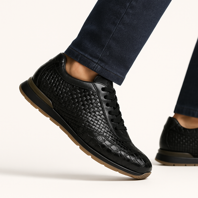 Marco Di Milano Roma Men's Shoes Black Genuine Caiman Crocodile / Woven Leather Fashion Sneakers 8 ROMA_CAIMAN FUSCUS_BLACK_8  - from alligatorwarehouse.com