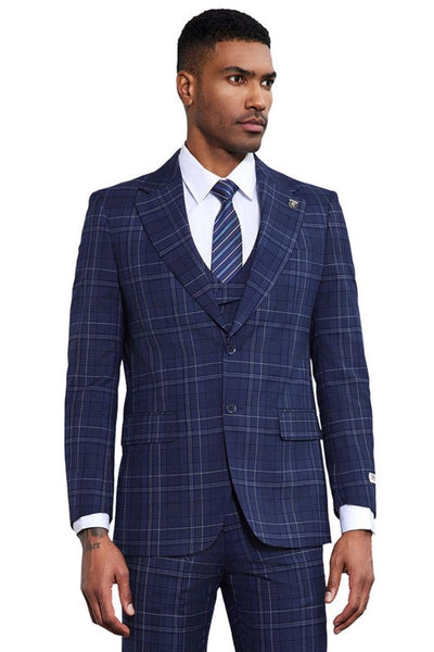 Men's Stacy Adams Vested Two Button Double Windowpane Plaid Suit in Navy 1 SM175H1-01-38R  - from alligatorwarehouse.com