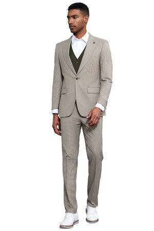 Men's Stacy Adams One Button Peak Lapel Vested Micro Check in Sage Green with an Olive Green Vest