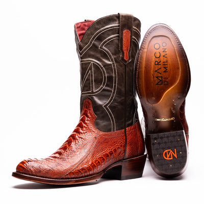Marco Di Milano Denver Rustic Cognac Ostrich Leg Round Toe Cowboy Boots 1   - from alligatorwarehouse.com