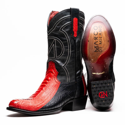 Marco Di Milano Denver Red / Black Ostrich Leg Round Toe Cowboy Boots 1   - from alligatorwarehouse.com