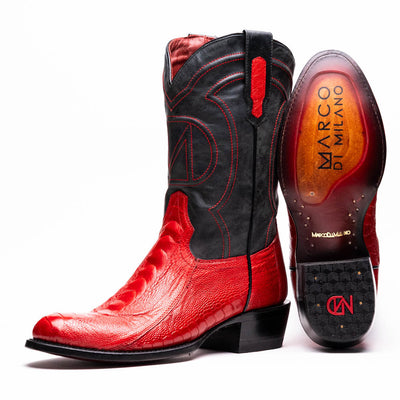 Marco Di Milano Denver Red Ostrich Leg Round Toe Cowboy Boots 1   - from alligatorwarehouse.com