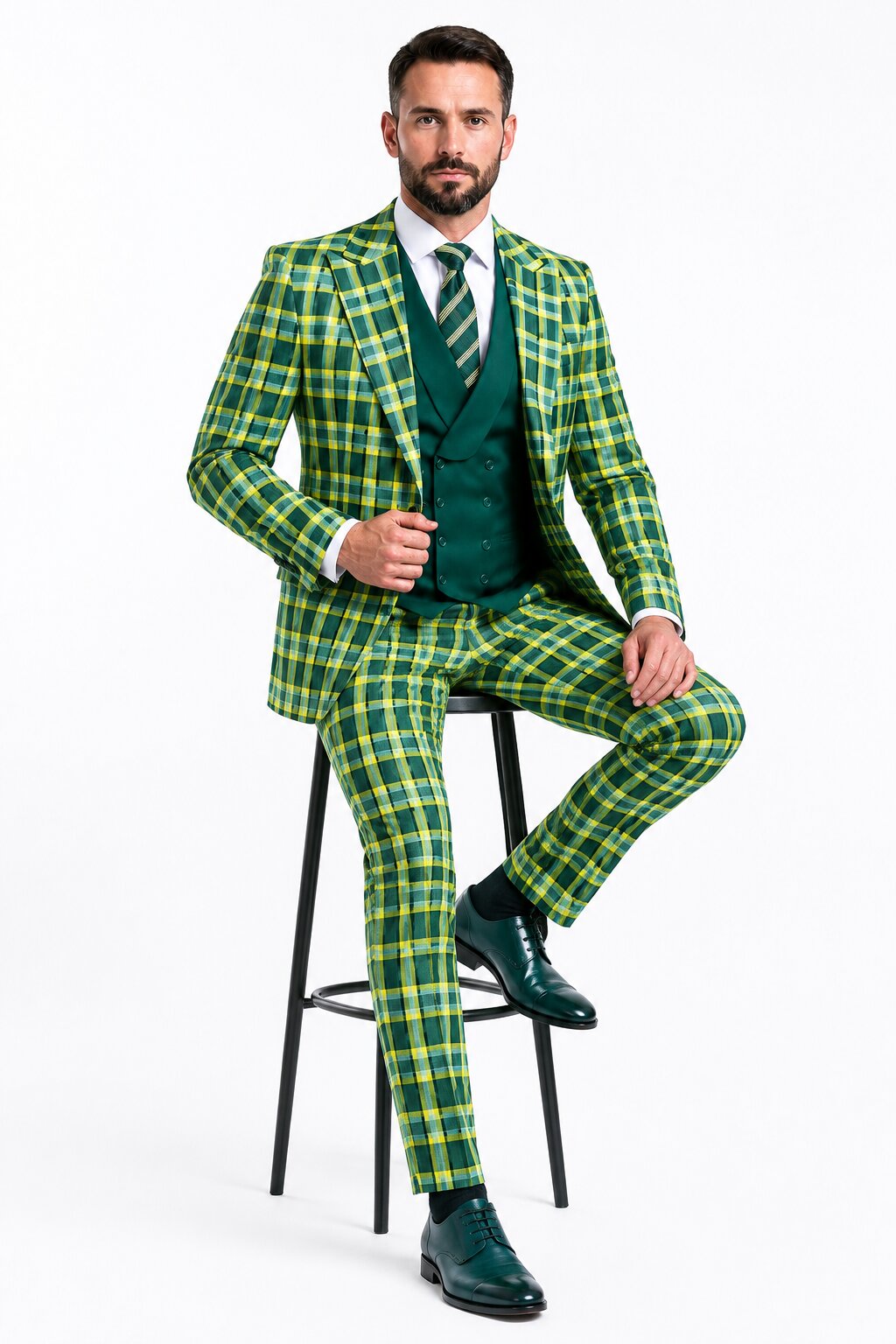Men's Designer One Button Peak Lapel Italian Wool Suit with Double Breasted Vest in Hunter Green Plaid