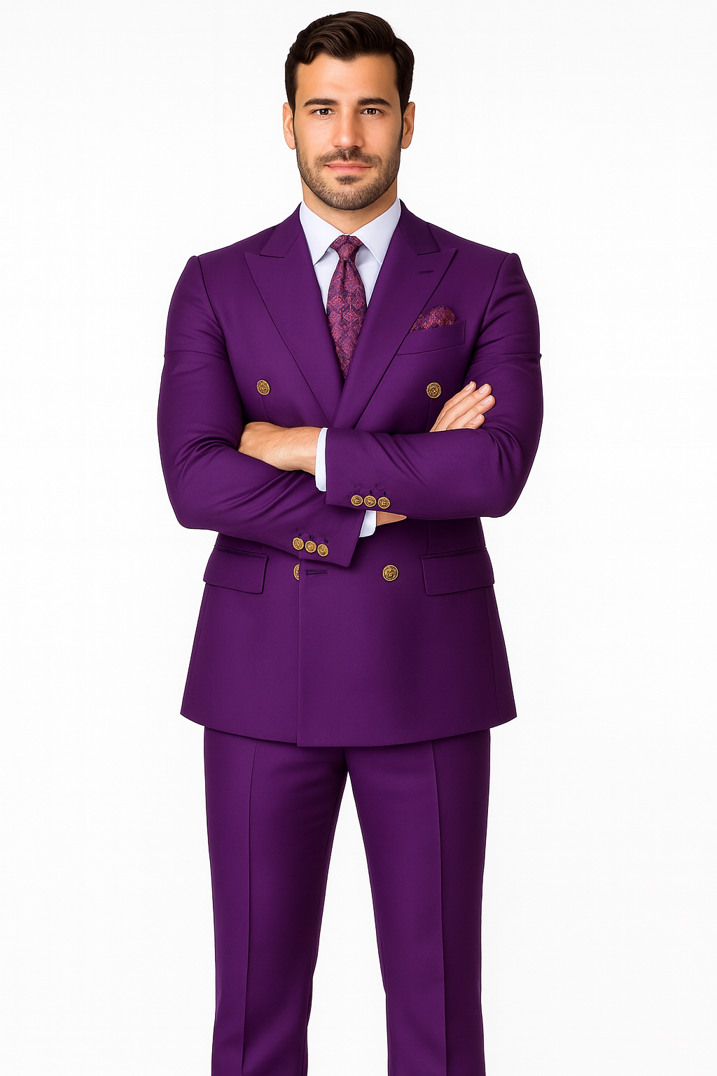 Mens Designer Modern Fit Double Breasted Wool Suit with Gold Buttons in Purple