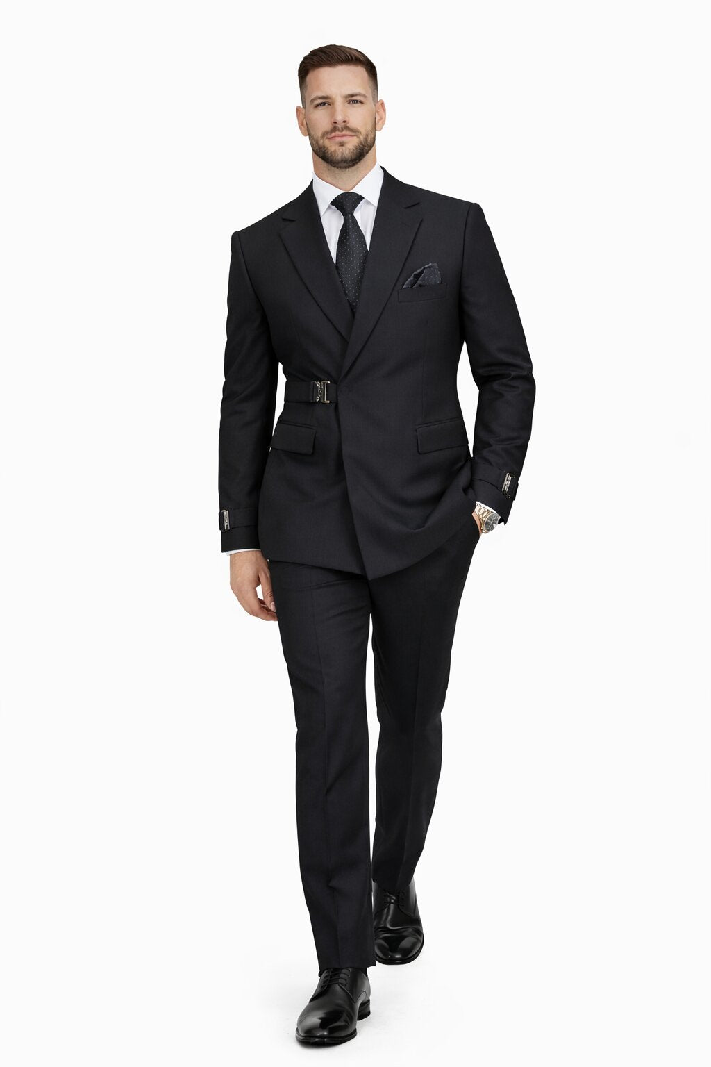 Men’s Black Double Breasted Wool Suit with Metal Buckle Closure