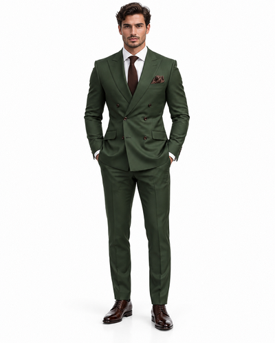 Double Breasted Slim Fit Suit - Dark Green Suit - Tapred Fit Pants