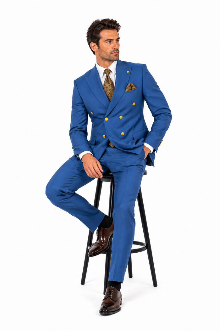 Mens Double Breasted Blazer - Wool Indigo - Sapphire Sport Coat With Gold Buttons