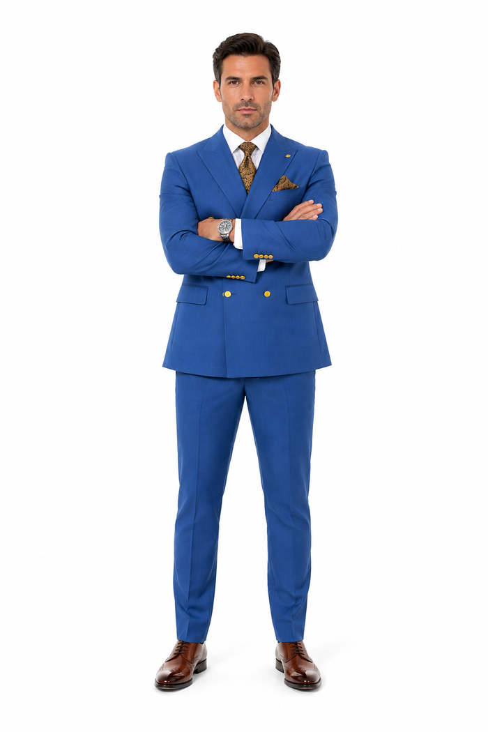 Mens Double Breasted Blazer - Wool Indigo - Sapphire Sport Coat With Gold Buttons
