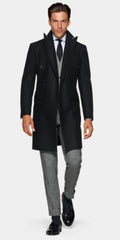 Double Breasted Wool Overcoat - Black 3/4 Length Car Coat