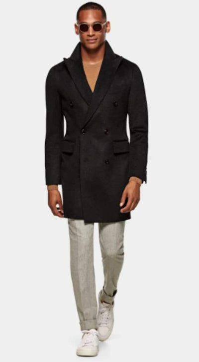 Double Breasted Wool Overcoat - Black 3/4 Length Car Coat 1   - from alligatorwarehouse.com