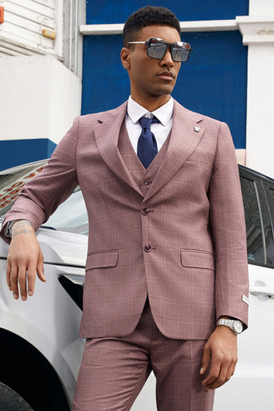 Mens Stacy Adams Suits Brand - Designer Suit Men's Stacy Adam's Two Button Vested Business Suit in Mauve Plaid 1   - from alligatorwarehouse.com