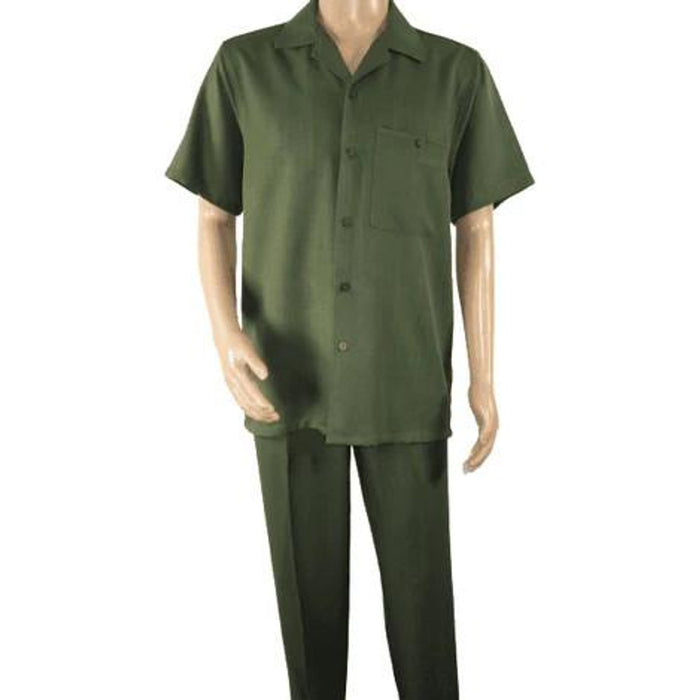 Men’s Olive Short Sleeve Walking Suit with Button Front Shirt and Matching Pants