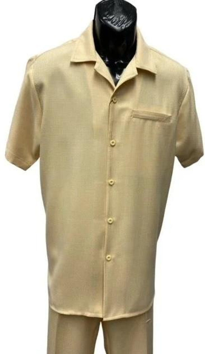 Men’s Yellow Patterned Short Sleeve Walking Suit with Matching Pants, Casual Summer Dress Outfit