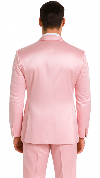Dusty Rose Satin Double Breasted Peak Lapel 3 Piece Skinny Fit Tazzio Men's Suit with Matching Bowtie