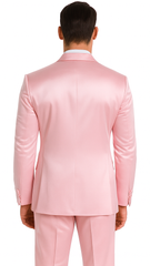 Dusty Rose Satin Double Breasted Peak Lapel 3 Piece Skinny Fit Tazzio Men's Suit with Matching Bowtie