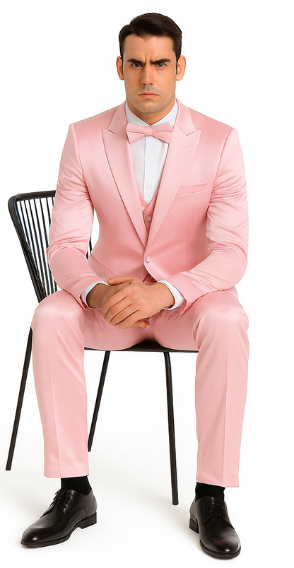 Dusty Rose Satin Double Breasted Peak Lapel 3 Piece Skinny Fit Tazzio Men's Suit with Matching Bowtie