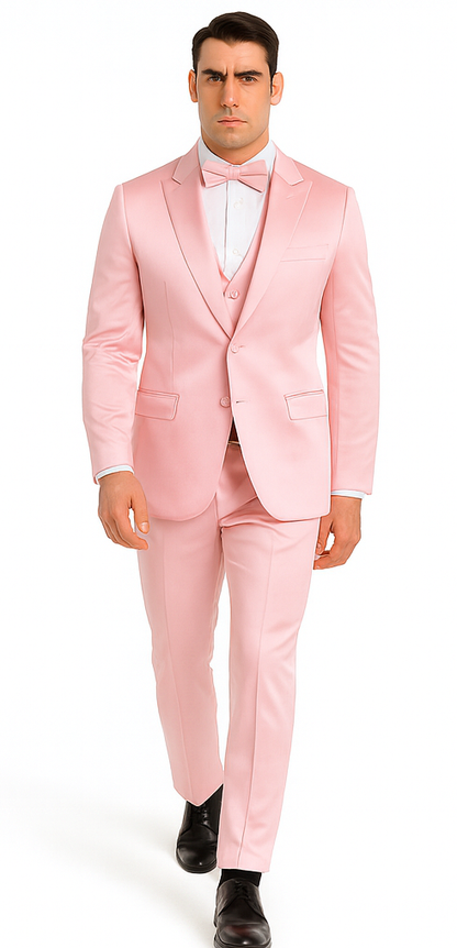 Dusty Rose Satin Double Breasted Peak Lapel 3 Piece Skinny Fit Tazzio Men's Suit with Matching Bowtie