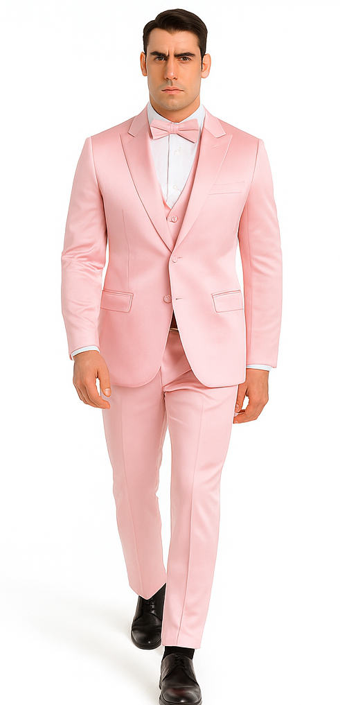 Dusty Rose Satin Double Breasted Peak Lapel 3 Piece Skinny Fit Tazzio Men's Suit with Matching Bowtie