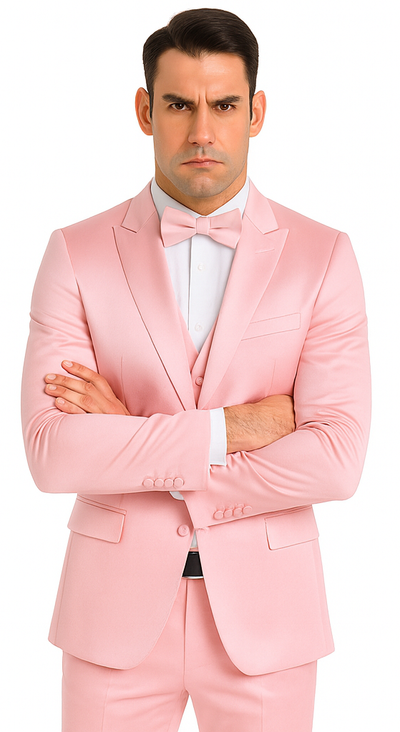 Dusty Rose Satin Double Breasted Peak Lapel 3 Piece Skinny Fit Tazzio Men's Suit with Matching Bowtie 5 M390SK-04-40R  - from alligatorwarehouse.com