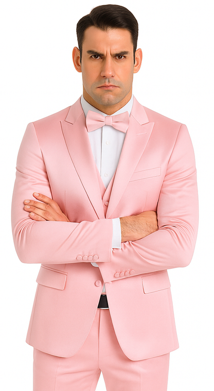 Dusty Rose Satin Double Breasted Peak Lapel 3 Piece Skinny Fit Tazzio Men's Suit with Matching Bowtie